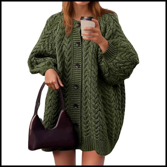 Sweaters - Oversized Cable Knit Cardigan, Chunky Button Down, Lantern Sleeve, Crew Neck